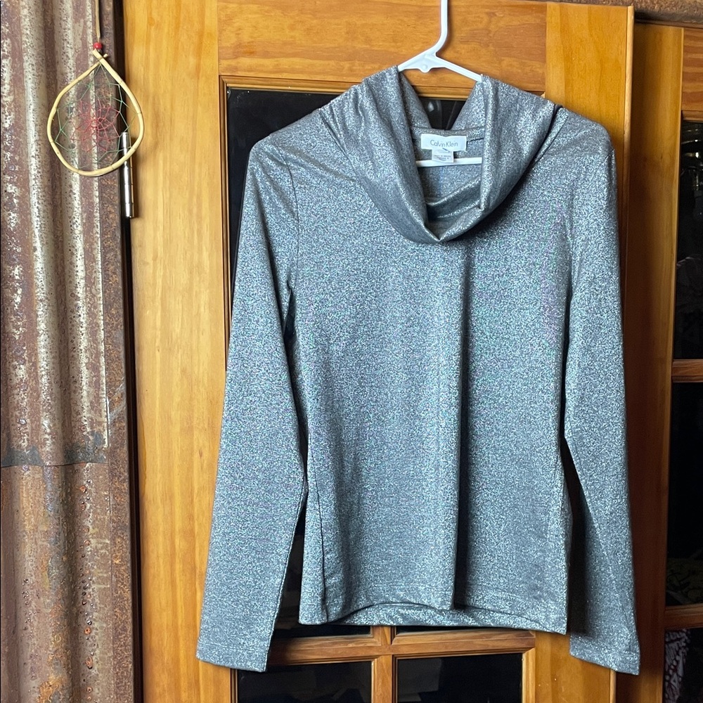 Calvin Klein Sparkly Silver Cowl Neck Knit Top, Size S